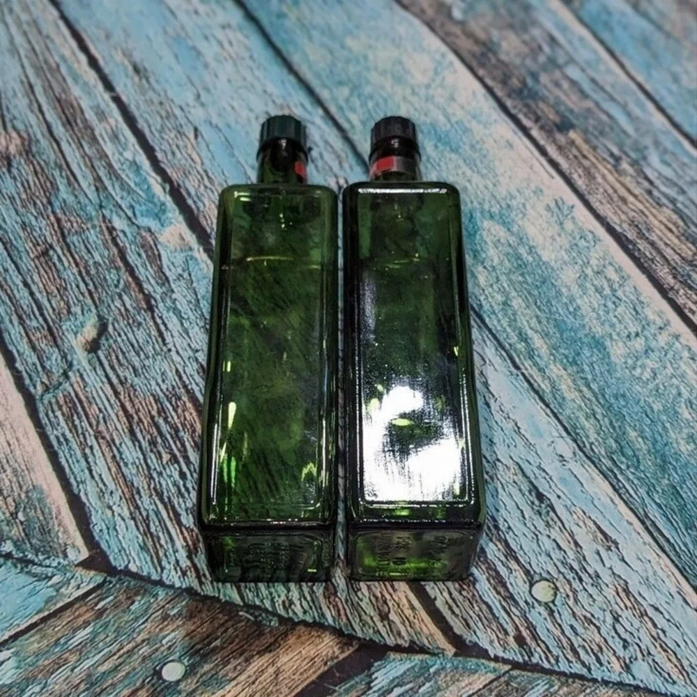 Vintage MCM Green Glass Liquor Bottles‎ Set of 3 Travel Bar Decanters Whiskey
