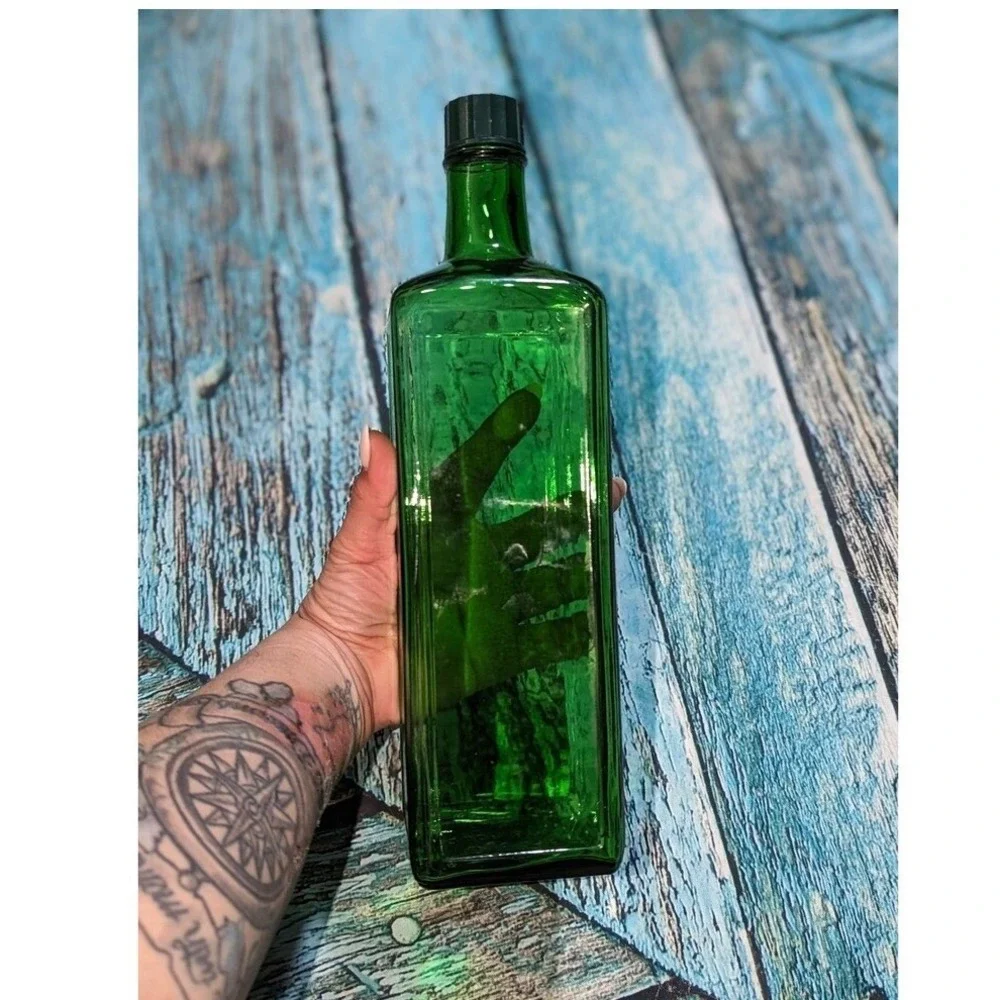 Vintage MCM Green Glass Liquor Bottles‎ Set of 3 Travel Bar Decanters Whiskey