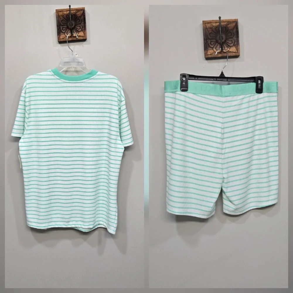 Loft 2 Piece Bike Short Pajama Set Large Green Striped Ribbed Jersey Knit Lounge