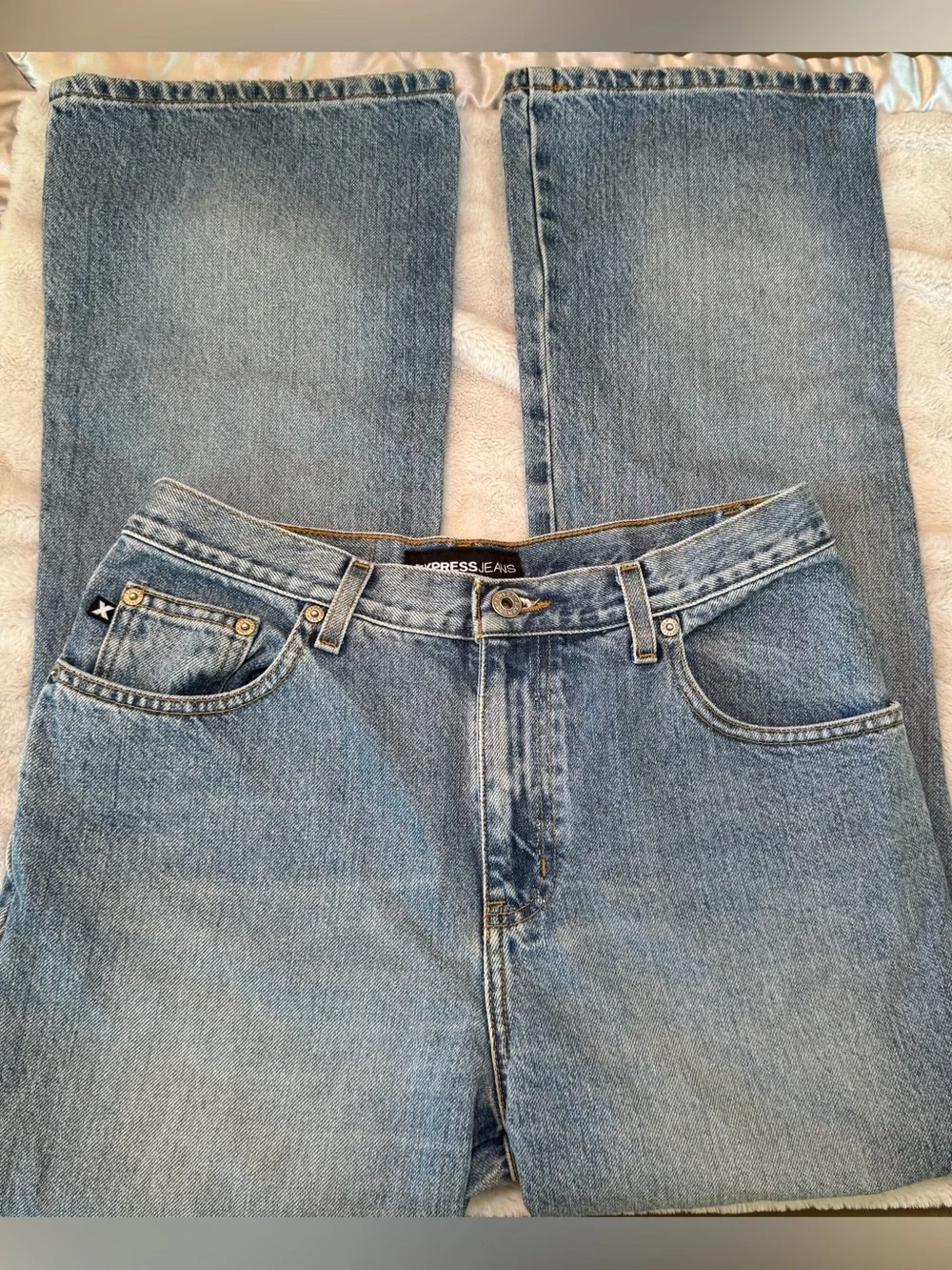 Vintage Express Y2K Low Rise Light Wash Flare Denim Jeans 100% Cotton Size 9/10S
