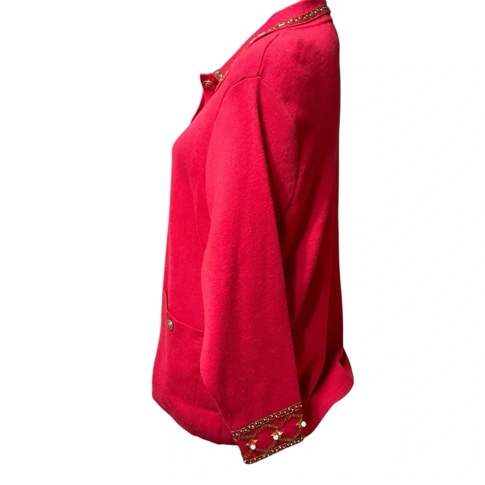 Carol Patterson Knits Women’s Embellished Linen Blend Red. Vintage Cardigan. MED