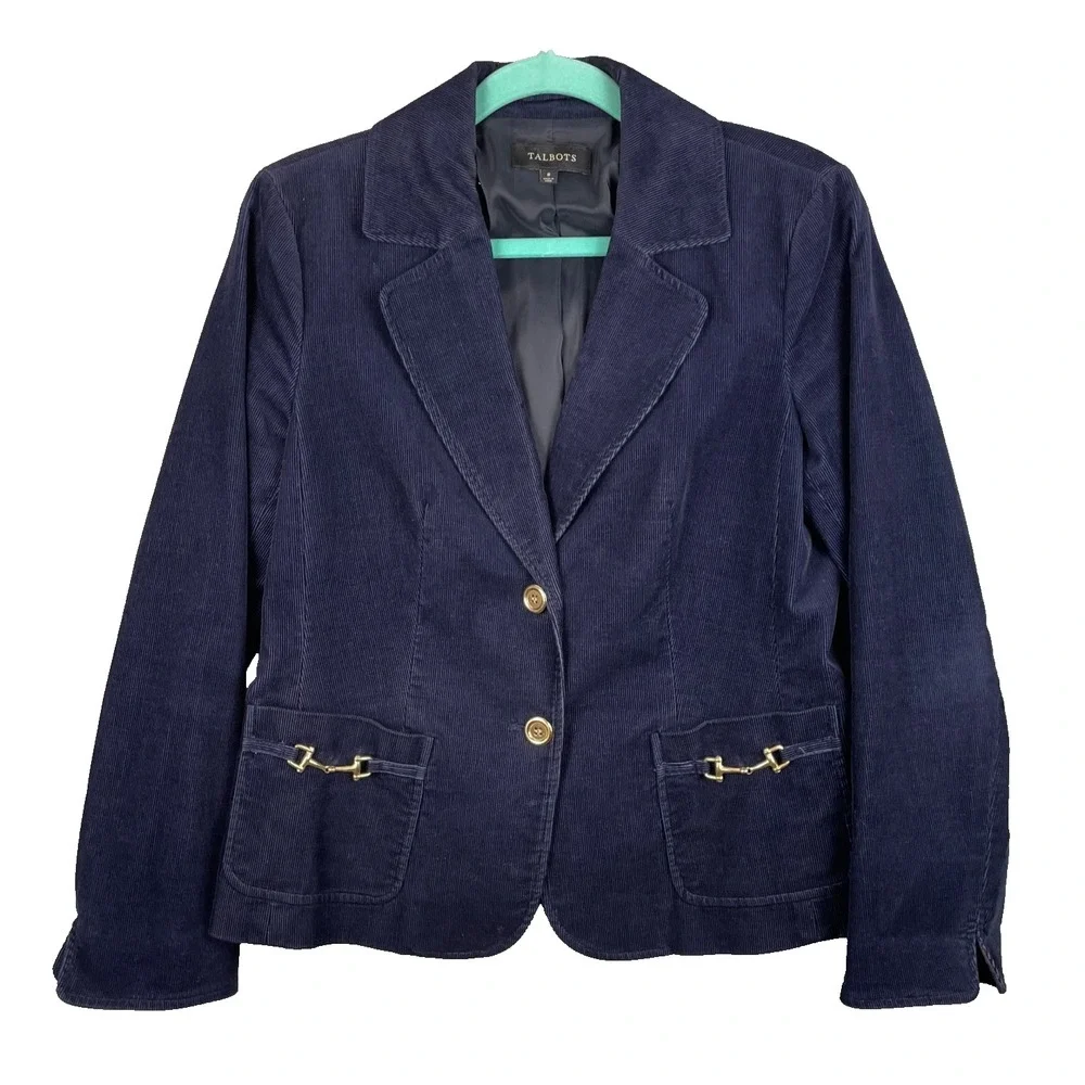 Talbots Stretch Corduroy Blazer Jacket 8 Blue Equestrian Gold Buttons Classic‎
