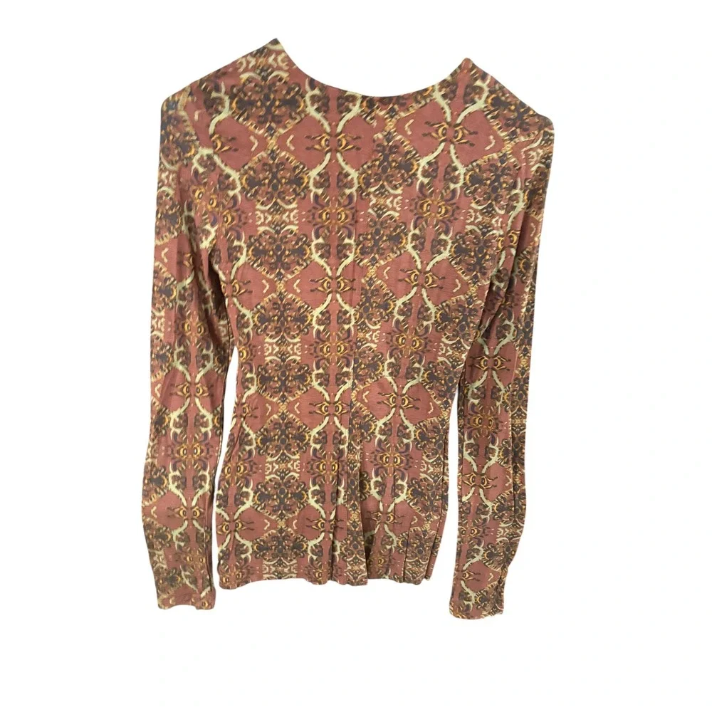 Free People Womens Boho Lace Up V-Neck Long Sleeve Damask Print Ribbed Top Small