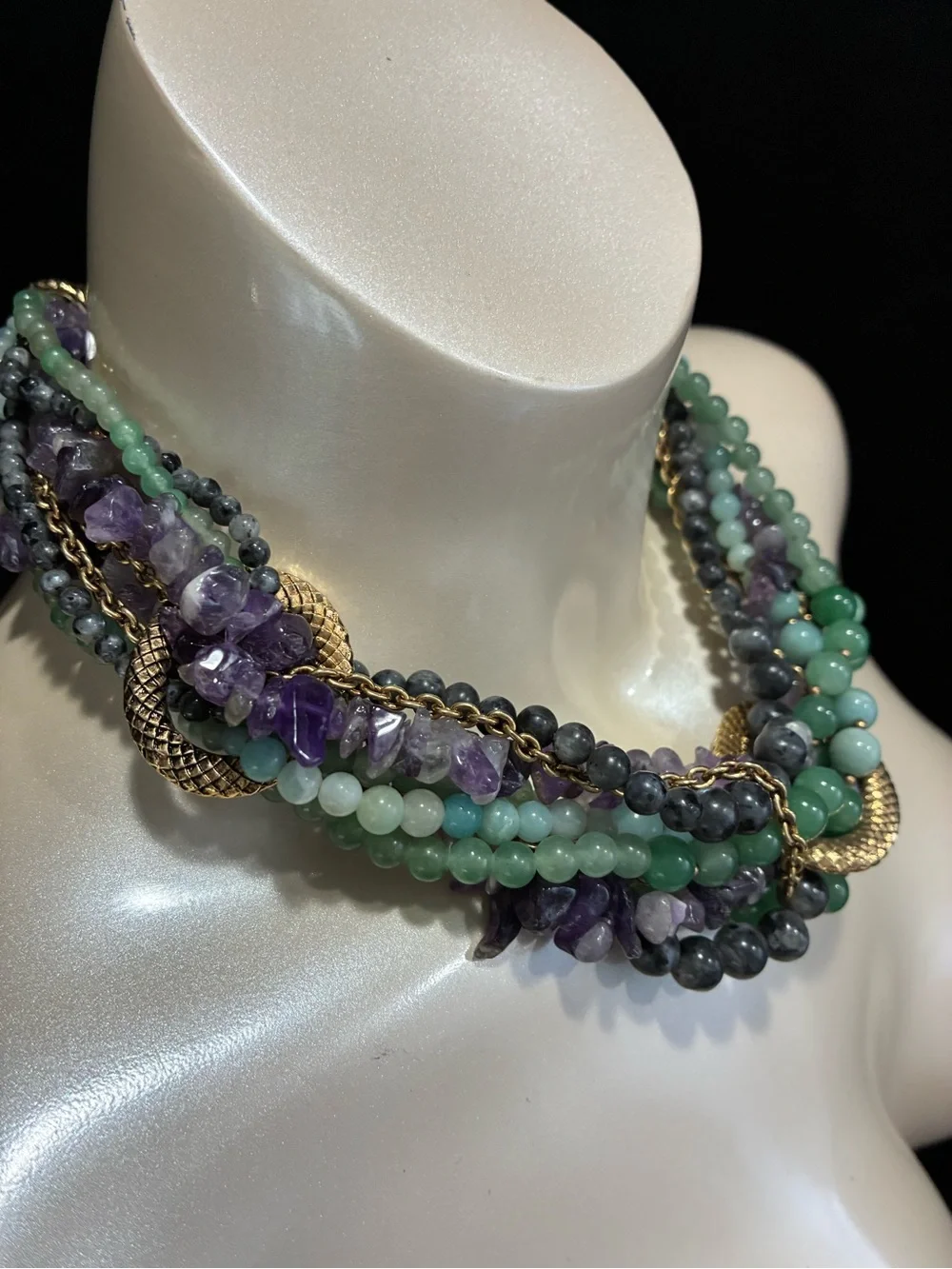VTG CAROLEE LUX Multi-Strand Amethyst GR Aventurine  Necklace with Gold Accents