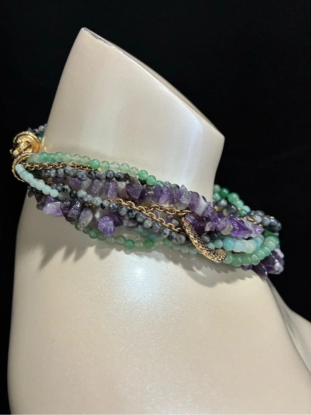VTG CAROLEE LUX Multi-Strand Amethyst GR Aventurine  Necklace with Gold Accents