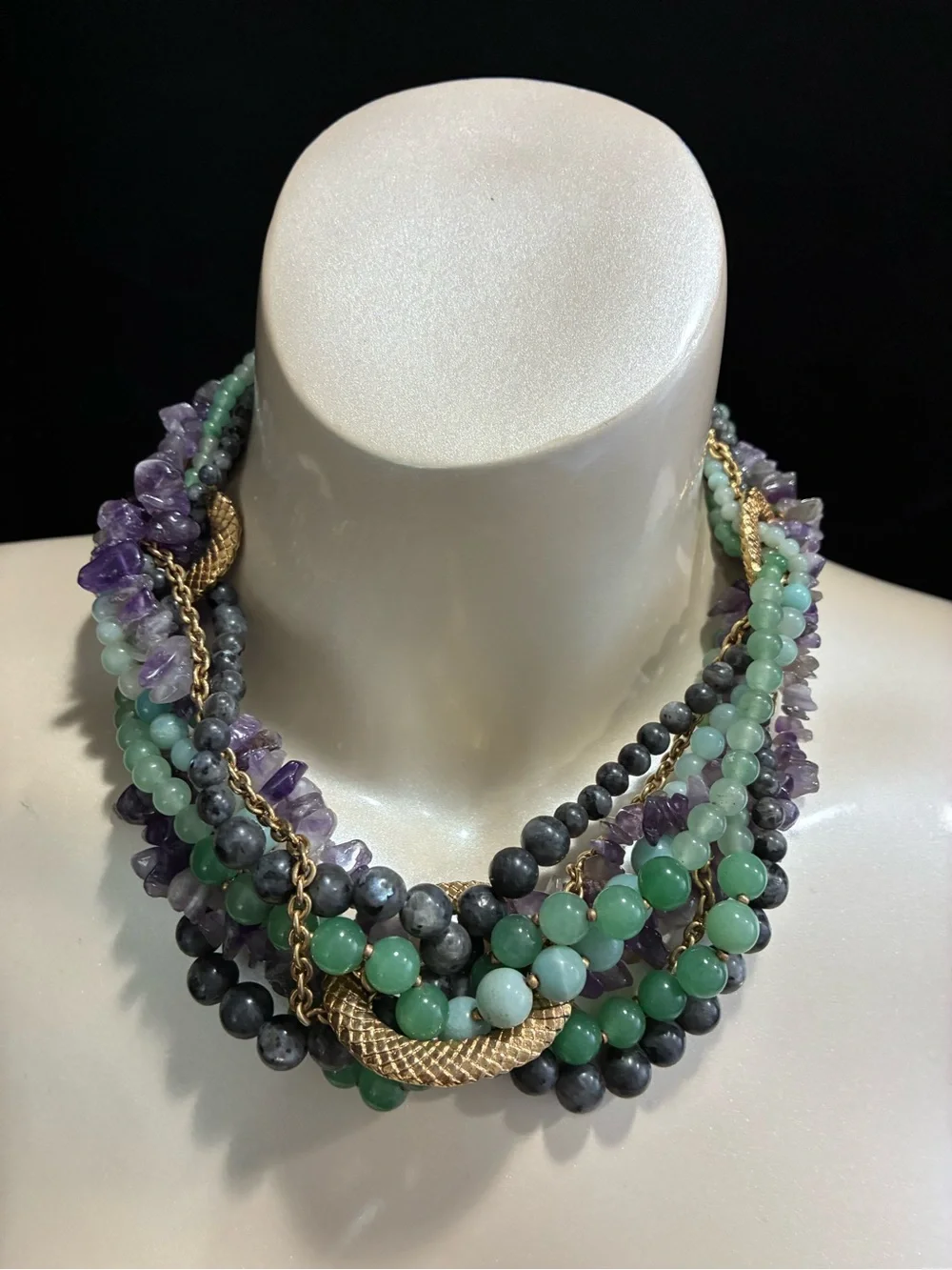 VTG CAROLEE LUX Multi-Strand Amethyst GR Aventurine  Necklace with Gold Accents