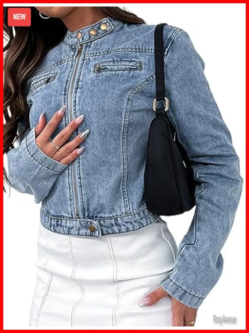 Stretchy Cropped Denim Jacket Zip Front Motorcycle Style