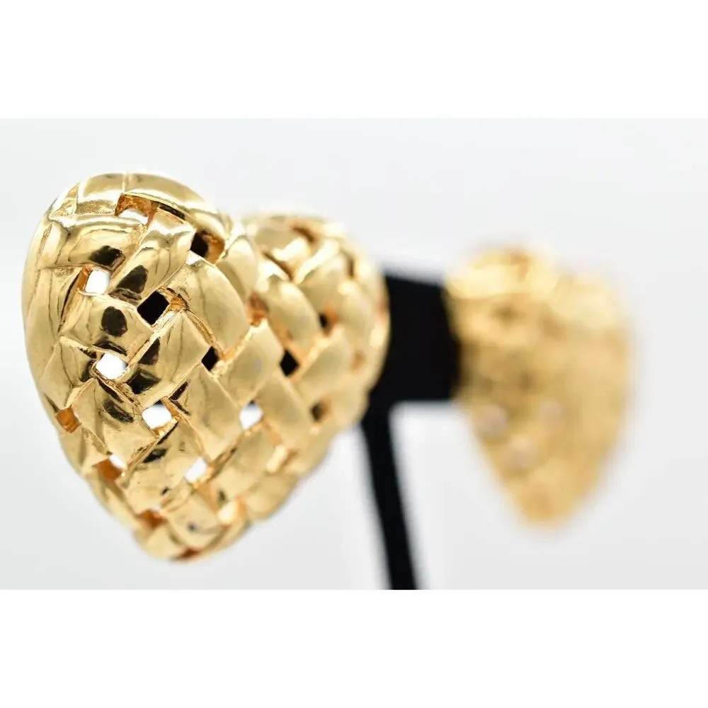 Vintage Big Weaved Heart Earrings Post Gold Tone Puffy Chunky Bold 1980s BinBK