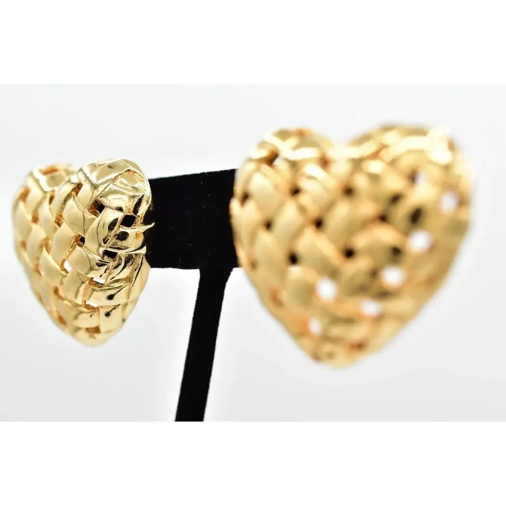 Vintage Big Weaved Heart Earrings Post Gold Tone Puffy Chunky Bold 1980s BinBK