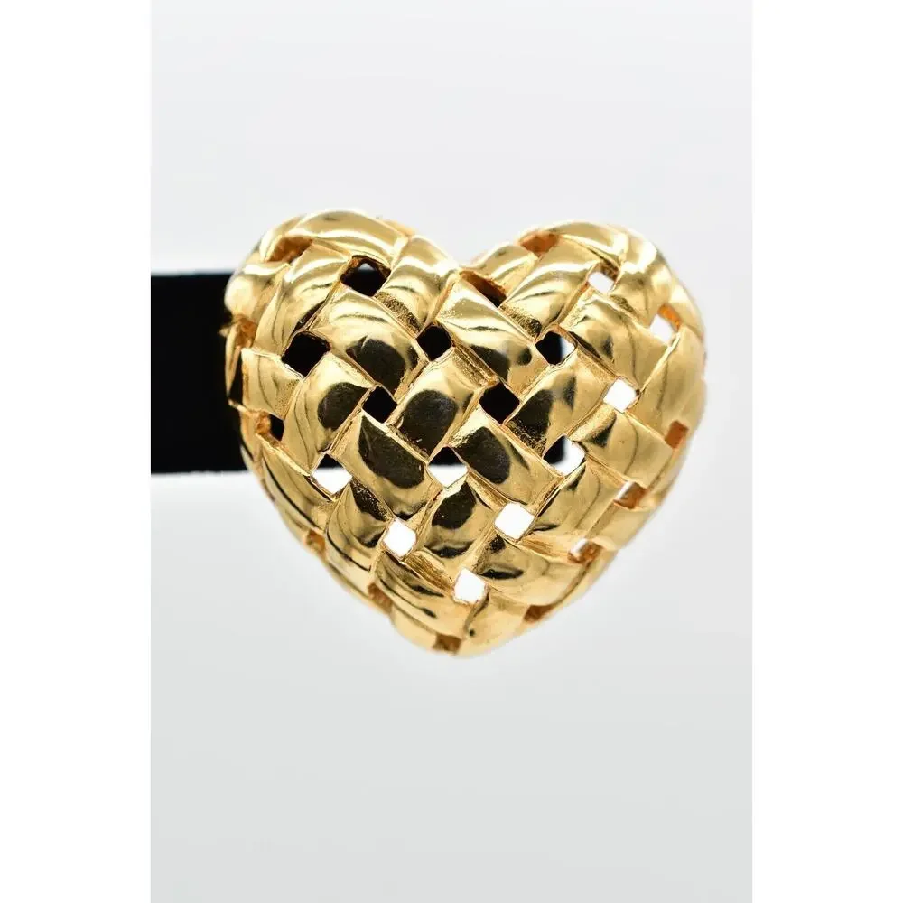 Vintage Big Weaved Heart Earrings Post Gold Tone Puffy Chunky Bold 1980s BinBK