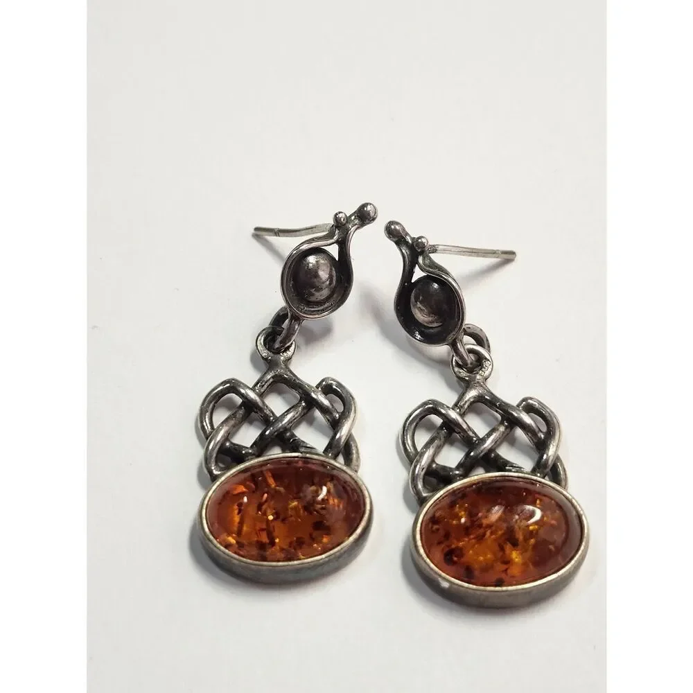 Sterling Silver Baltic Amber Dangle Earrings 925