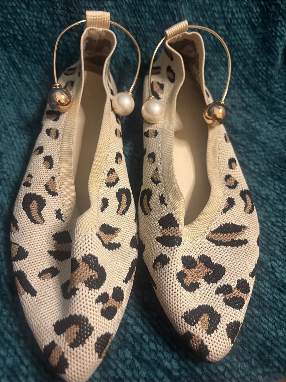 Leopard Knit Ballet Flats with Pearl Accent - Beige