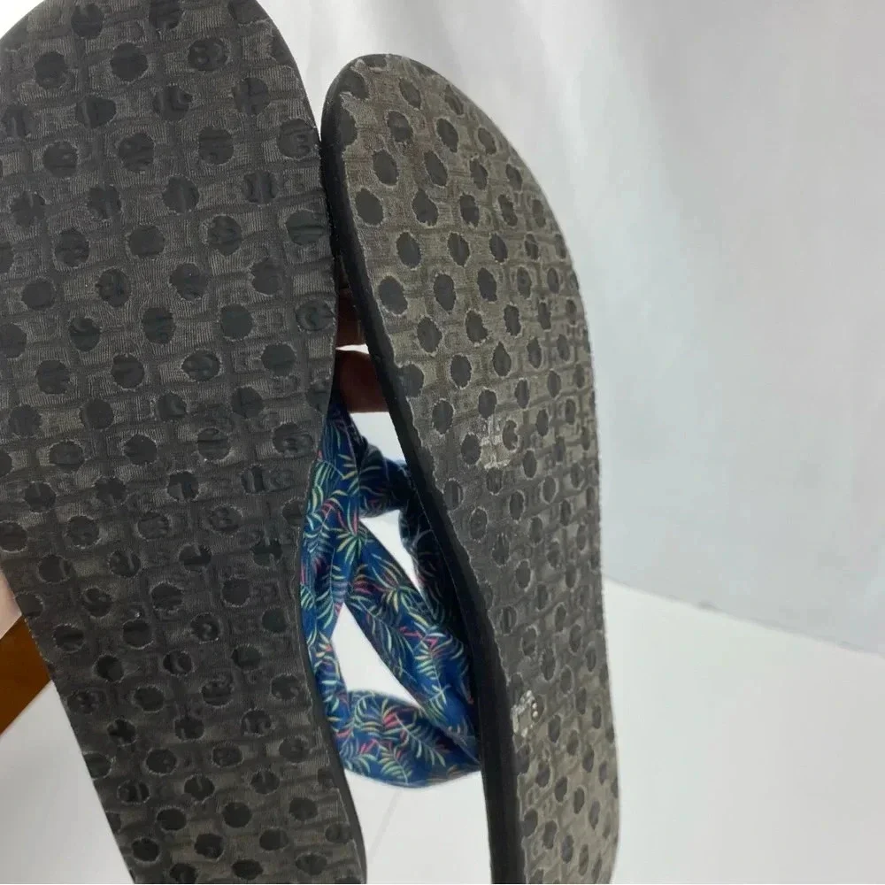 Sanuk Womens 7 Yoga Sling Mat Thong Sandals Blue Palm Graphic Comfort Shoe