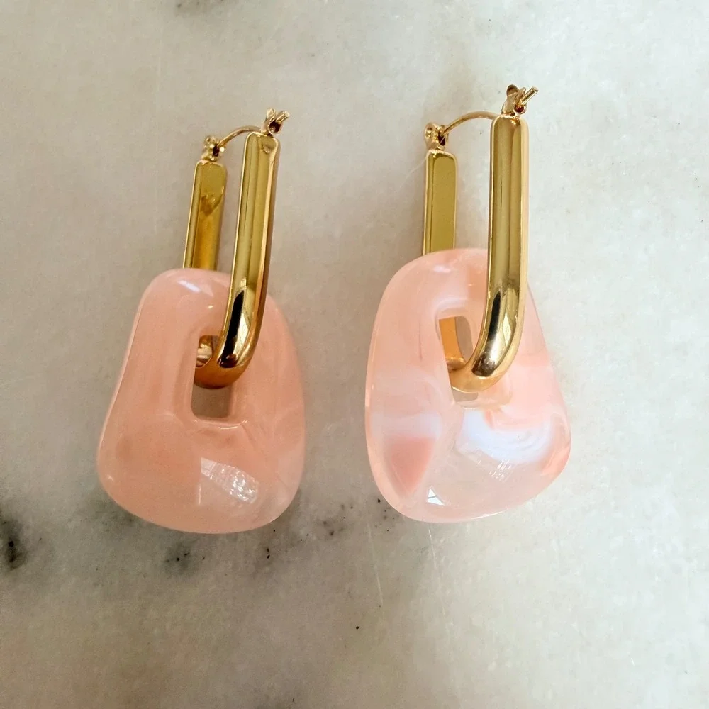 Gold Dipped Peach Pink Blush Marbled Resin Geometric Drop Hoop Earrings