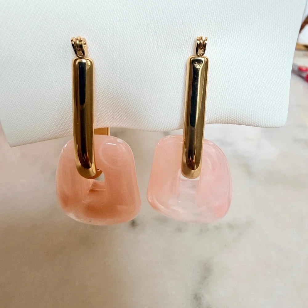 Gold Dipped Peach Pink Blush Marbled Resin Geometric Drop Hoop Earrings