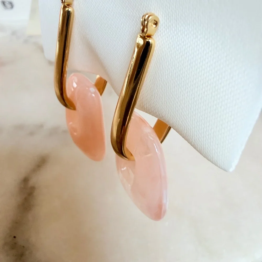 Gold Dipped Peach Pink Blush Marbled Resin Geometric Drop Hoop Earrings