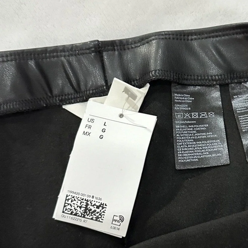 HM Womens High Waisted Black Faux Leather Leggings Slim Fit Size‎ L New NWT