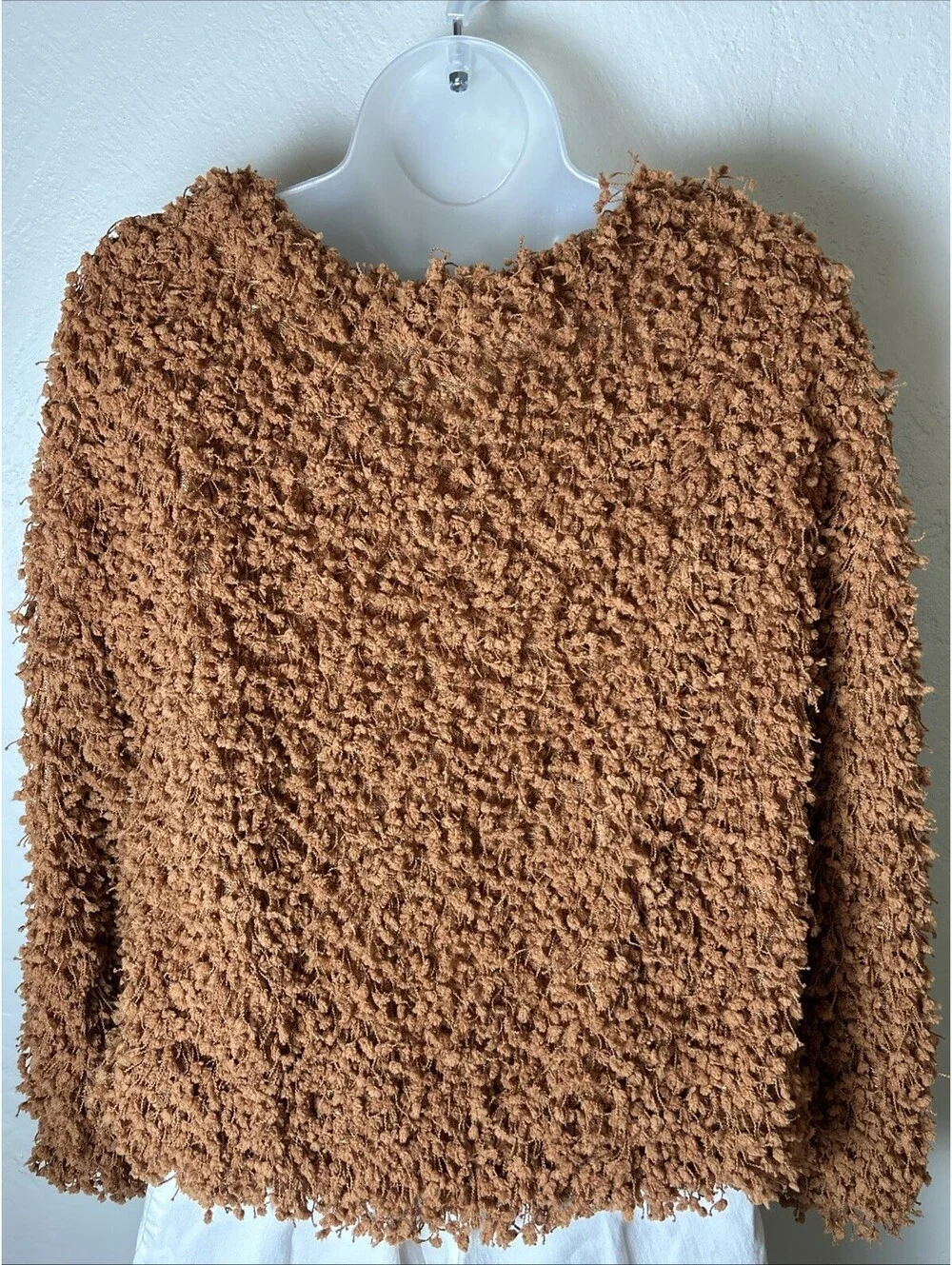 Mine Sweater Womens Medium Camel Fuzzy V Neck Popcorn Knit Boho Pullover