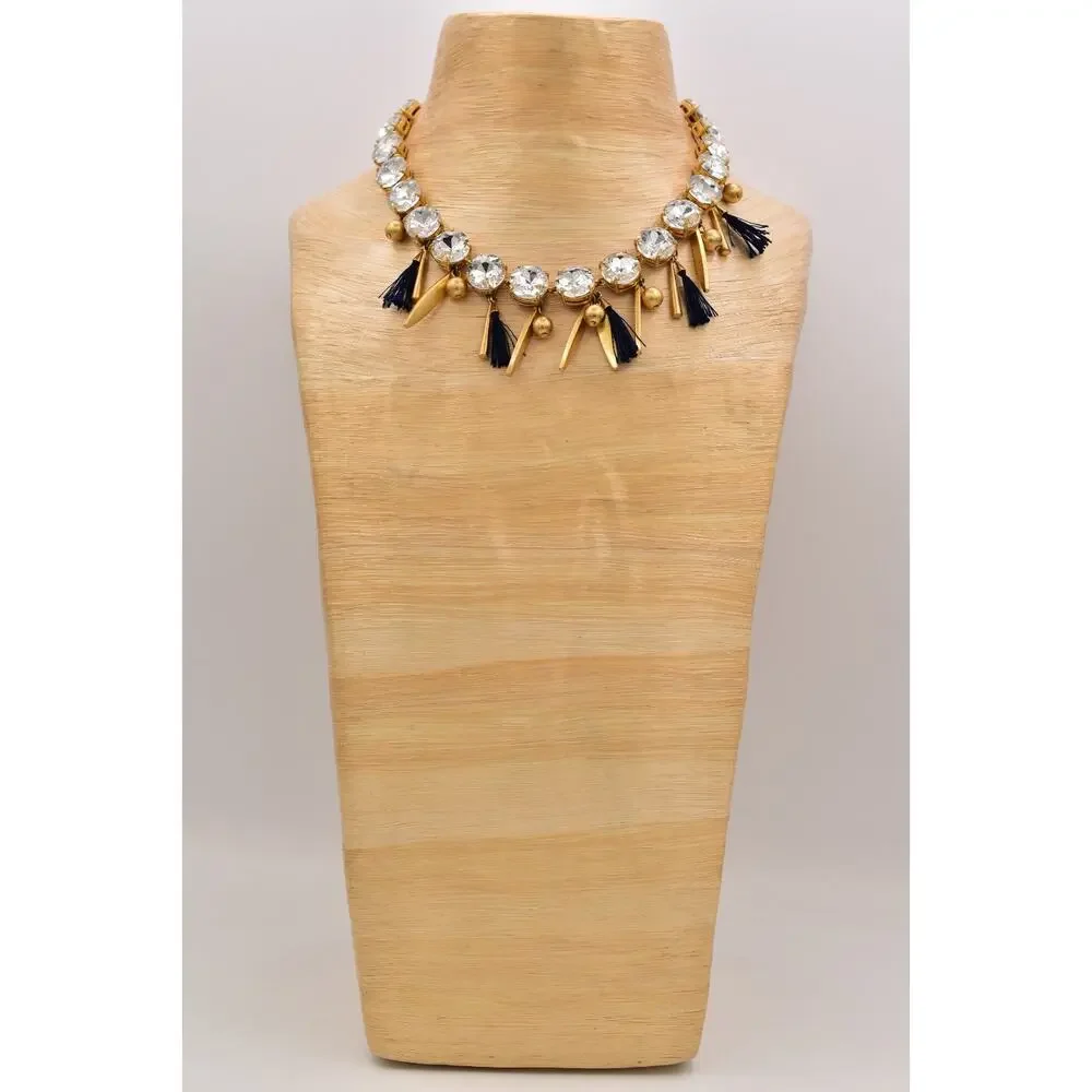 Ann Taylor Vintage Crystal Collar Necklace Dangle Navy Brushed Gold Chunky BinBL