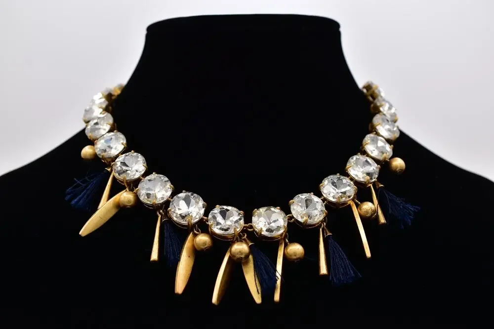 Ann Taylor Vintage Crystal Collar Necklace Dangle Navy Brushed Gold Chunky BinBL