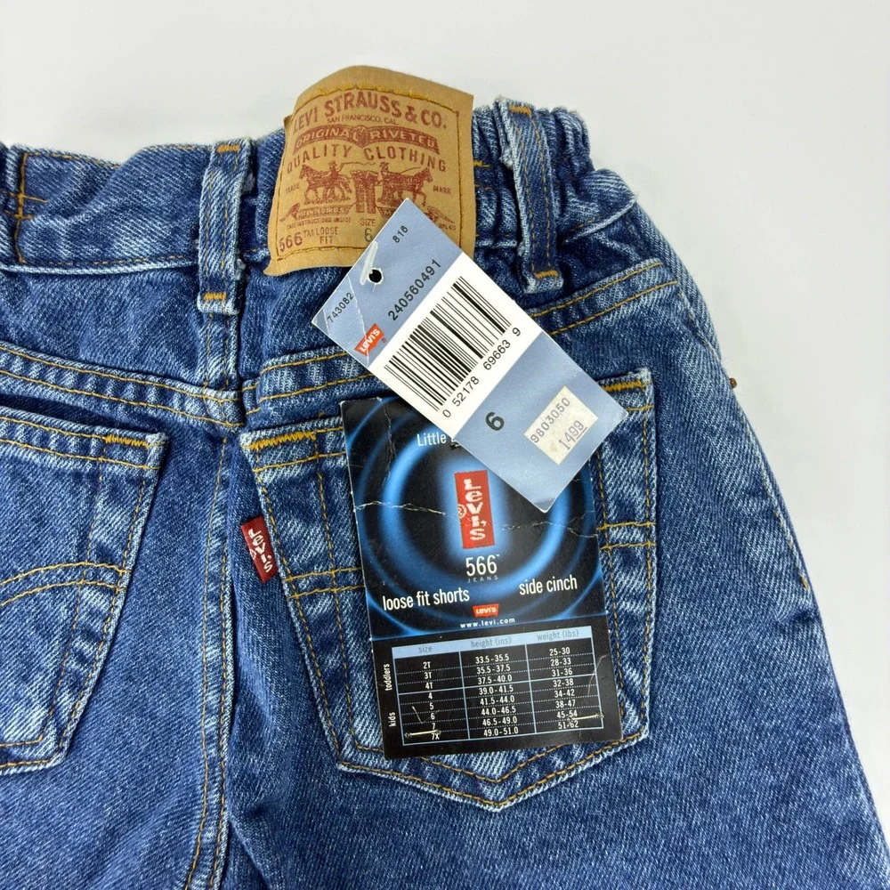 Vintage Levis 566 Kids Size 6 Loose Fit Denim Shorts Side Cinch NWT NOS Y2K