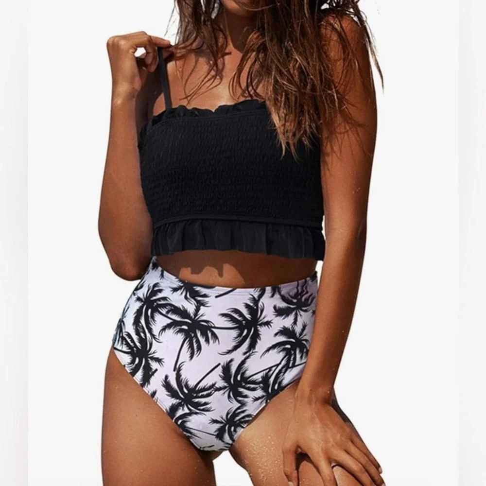 NWT Sporlike Size M Black Bandeau Top W‎ Palm Tree Print Bottom Bikini