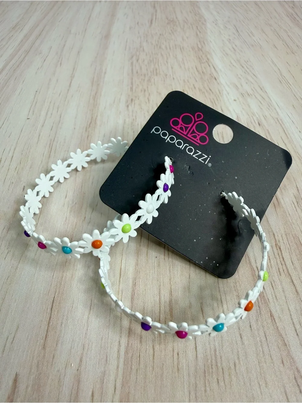 paparazzi White Daisy Hoop Earrings with Multicolor Accents