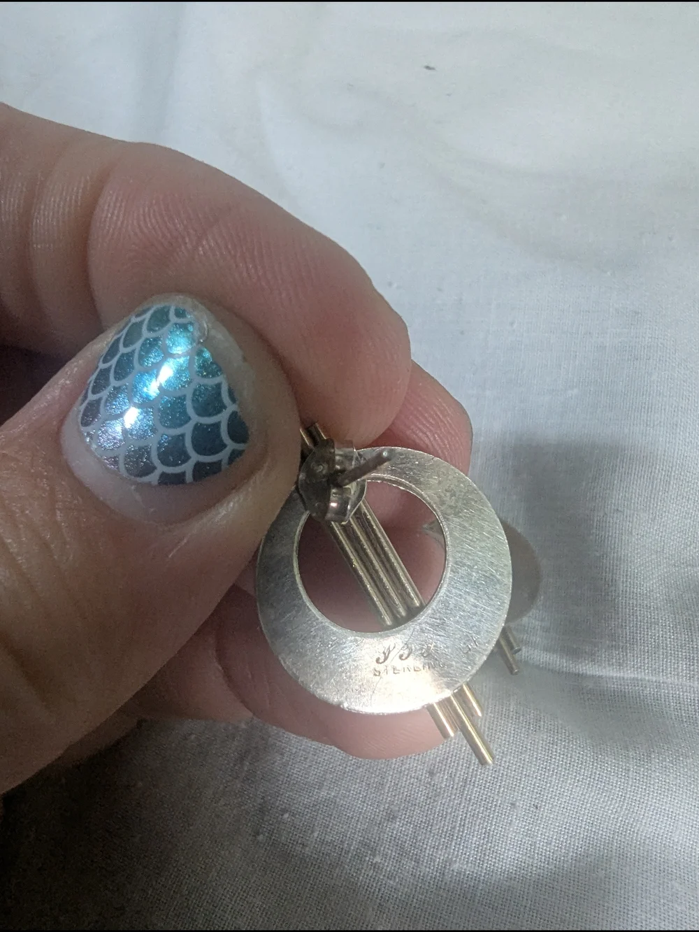 Sterling Silver Artists Signed Circle Drop Earrings with Opal Stone Gold