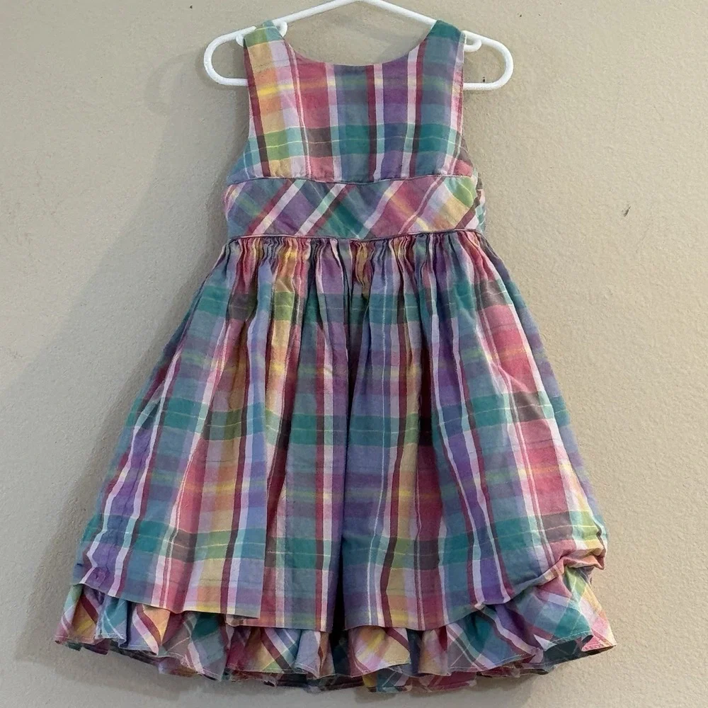 Ralph Lauren Girls Madras Plaid Party Dress Tiered Ruffle Cotton Sz 5