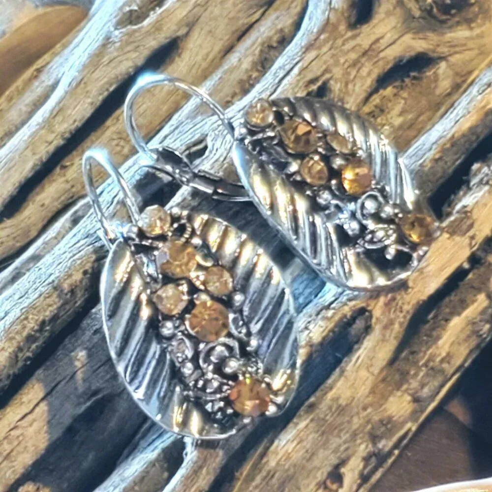 Vintage Amber Color Crystals Antique Silver Art Nouveau Style Leverback Earrings