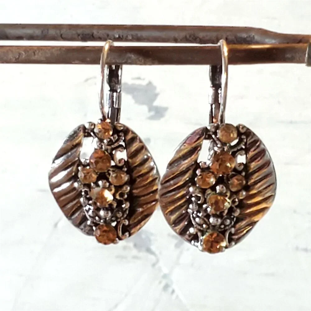 Vintage Amber Color Crystals Antique Silver Art Nouveau Style Leverback Earrings