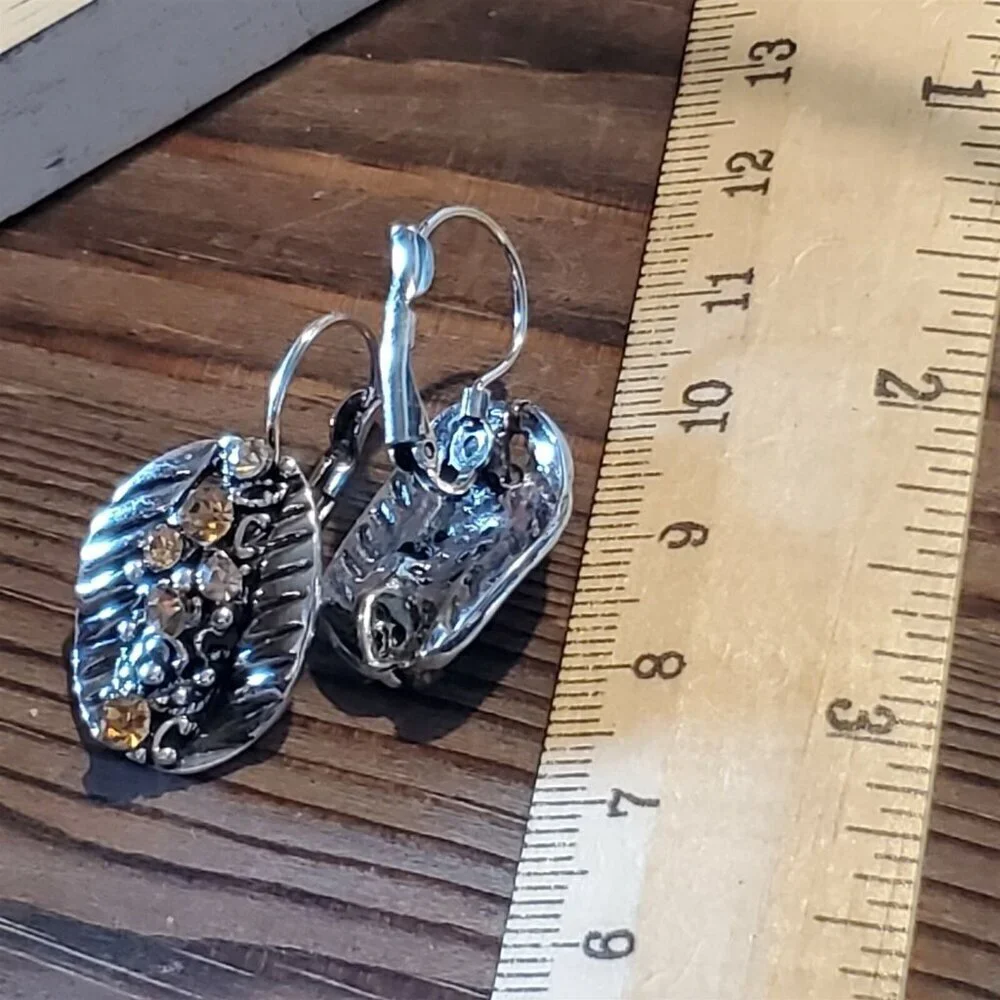 Vintage Amber Color Crystals Antique Silver Art Nouveau Style Leverback Earrings