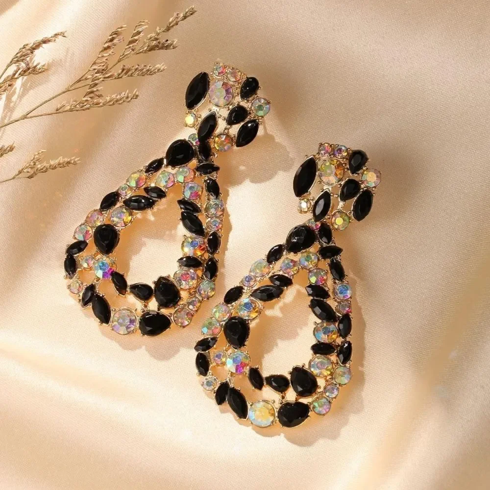Yellow Gold with Onyx and Iridescent AB Crystal Geometric Teardrop Post Earrings