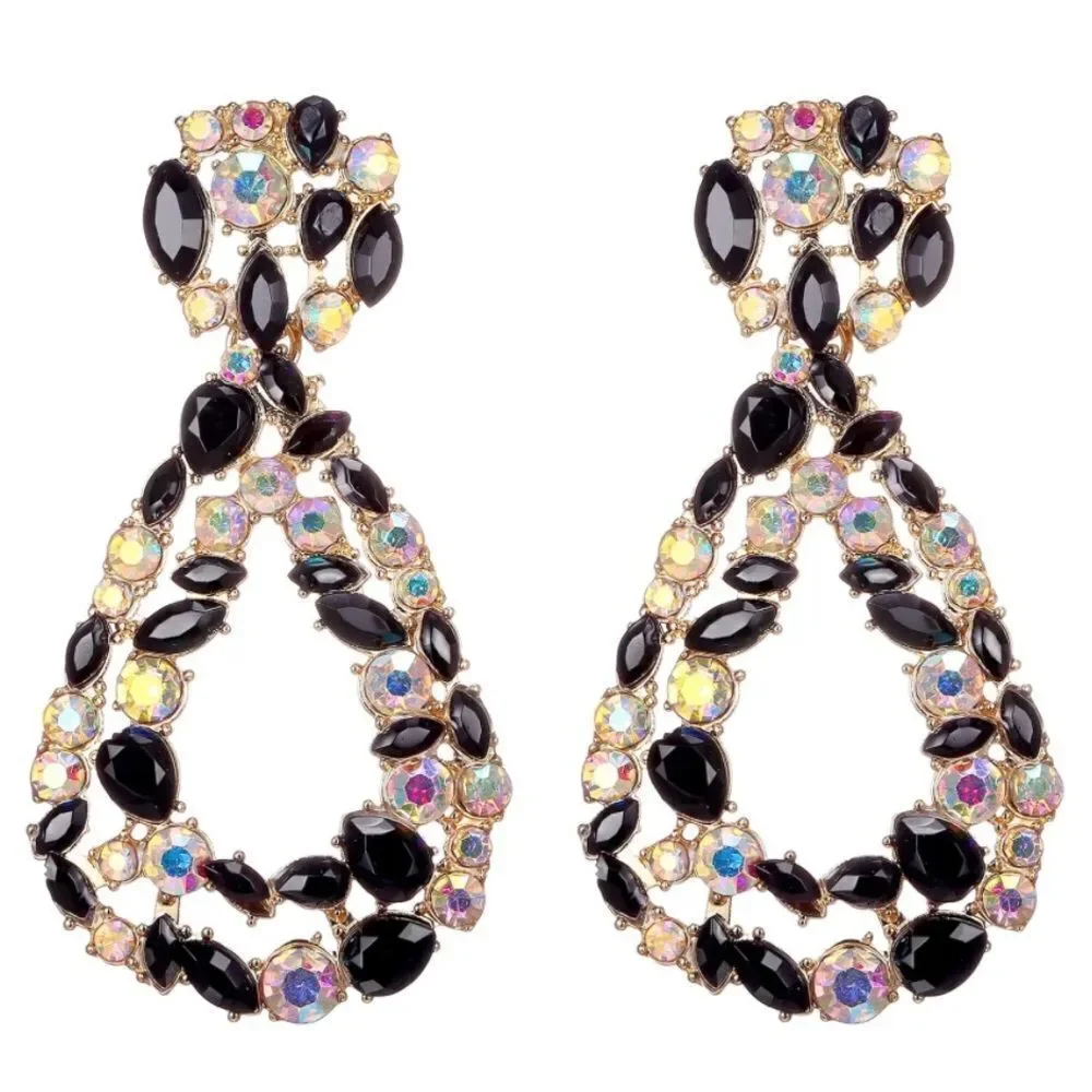 Yellow Gold with Onyx and Iridescent AB Crystal Geometric Teardrop Post Earrings