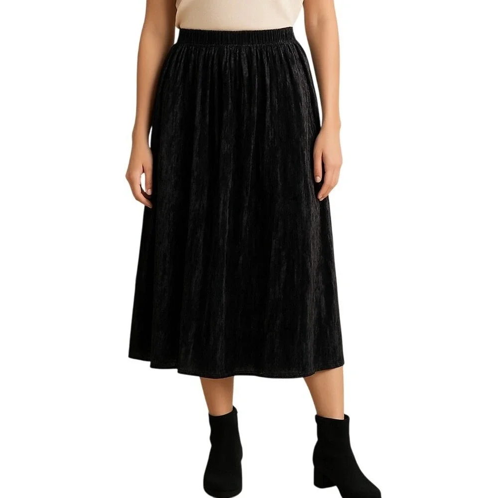Laura Ashley Black Crushed Velvet‎ Pleated Midi Skirt Whimsigoth Witchy M Petite