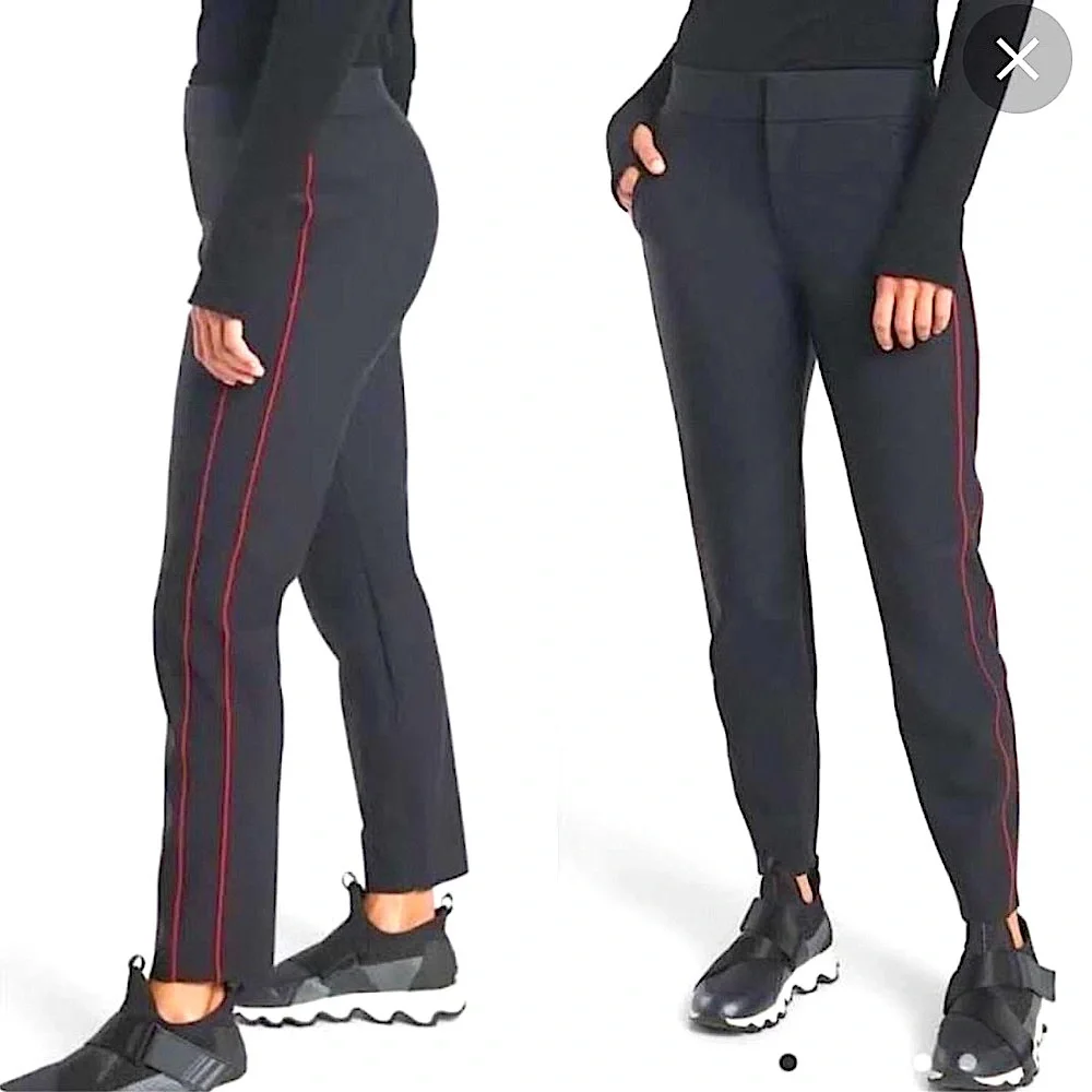 Athleta Black Slim Track Pants with Red Side Stripe