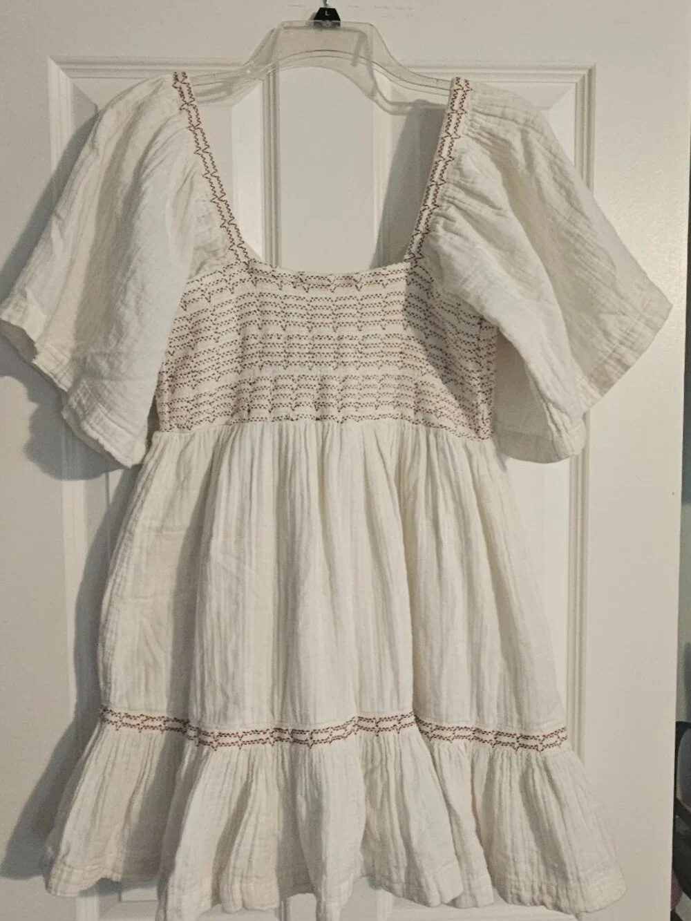 Free People Ivory Cotton Gauze Smocked Tie Back Mini Dress Size Small