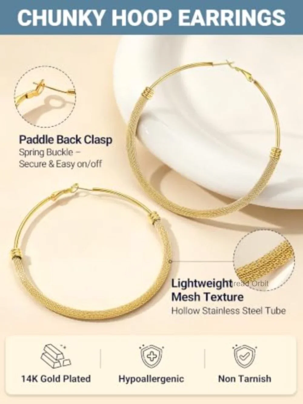 14K Gold Plated Hollow Mesh Hoop Earrings Stainless Steel Lightweight