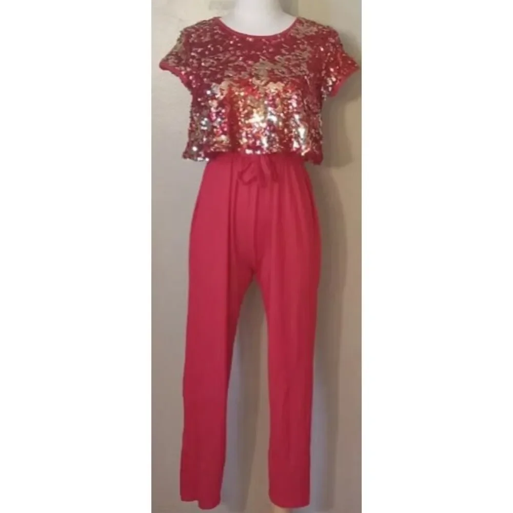NEW Girls Sz XL 14-16 Plus Red with Gold Attached Sparkly Sequin Jacket Jumpsuit