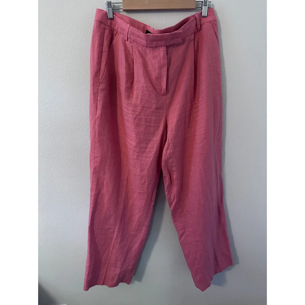 Banana Republic Pants 14 Pink 100% Linen Pleated High Rise Straight Leg
