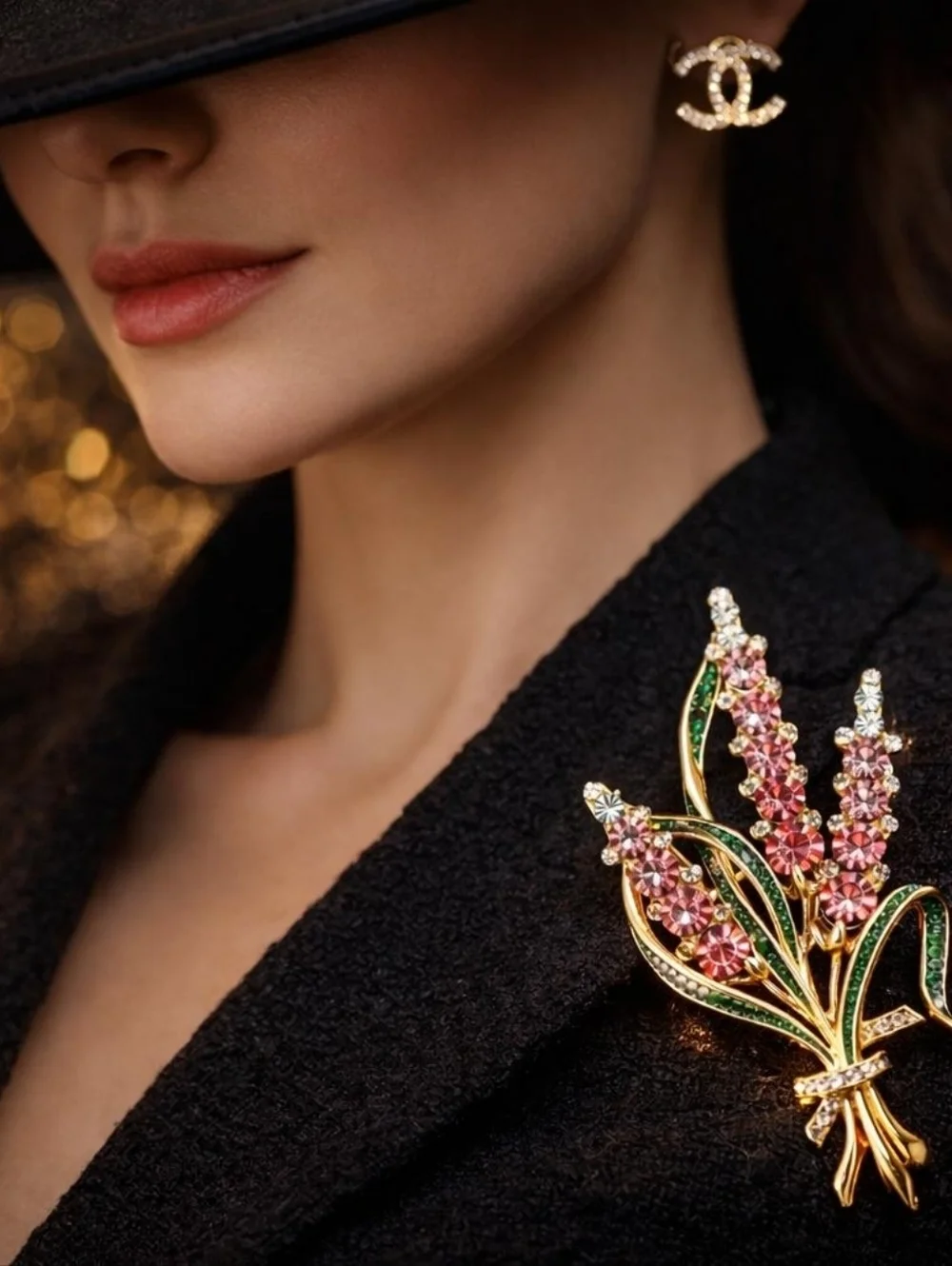 Gold-Tone Pink Crystal Floral Spray Brooch