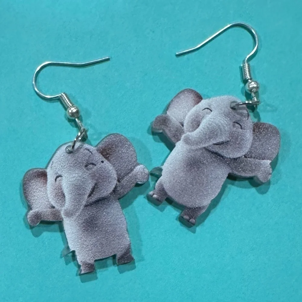 NEW! ELEPHANT Double Side Earrings Gray Dangle Embossed pierced Whimsical NWT