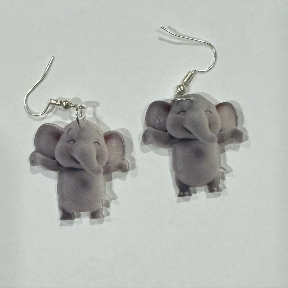 NEW! ELEPHANT Double Side Earrings Gray Dangle Embossed pierced Whimsical NWT