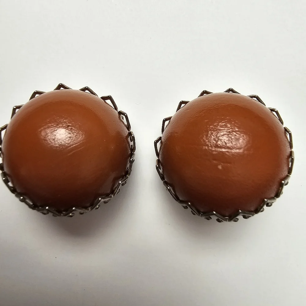 Vintage 1950s–1970s Large Dome Clip-On Earrings – Bold Orange-Brown Cabochons