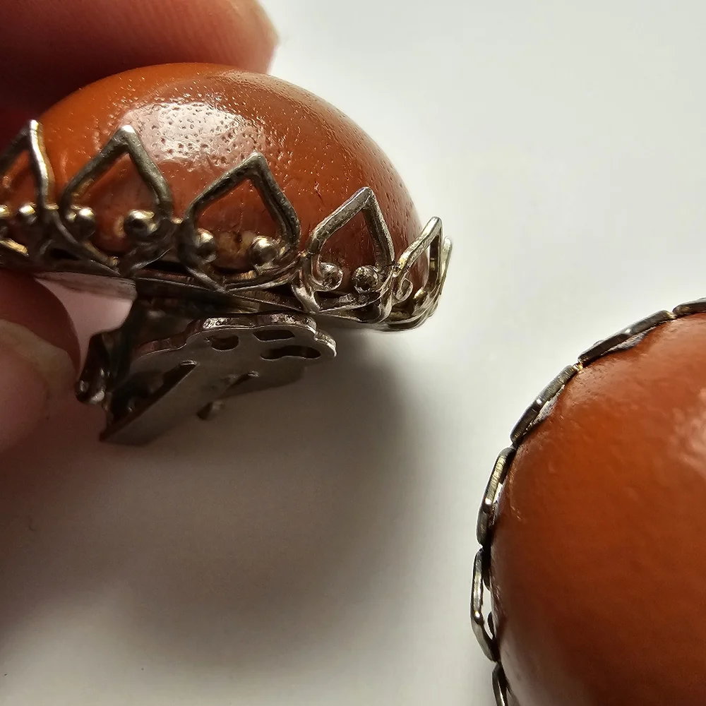 Vintage 1950s–1970s Large Dome Clip-On Earrings – Bold Orange-Brown Cabochons