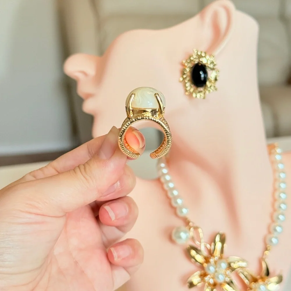 Gold-Plated White Cameo Statement Ring