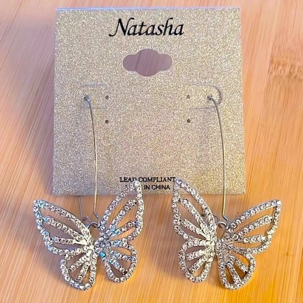 Brand New Natasha Rhinestone Butterfly Silver Tone Drop Earrings Sparkly
