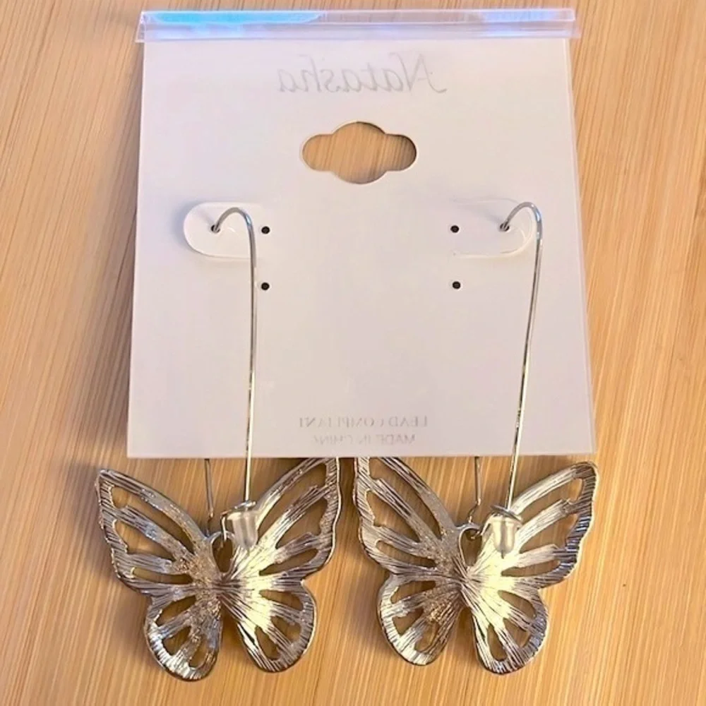 Brand New Natasha Rhinestone Butterfly Silver Tone Drop Earrings Sparkly
