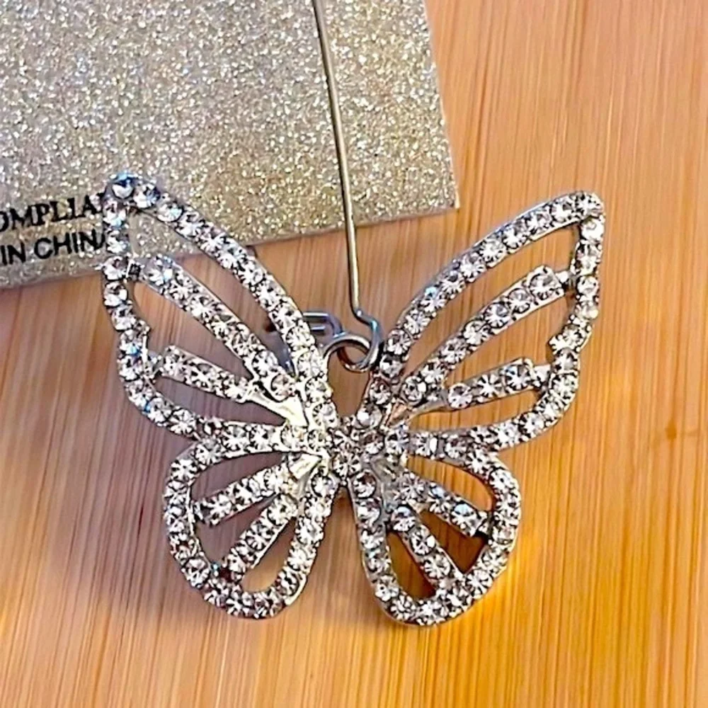 Brand New Natasha Rhinestone Butterfly Silver Tone Drop Earrings Sparkly
