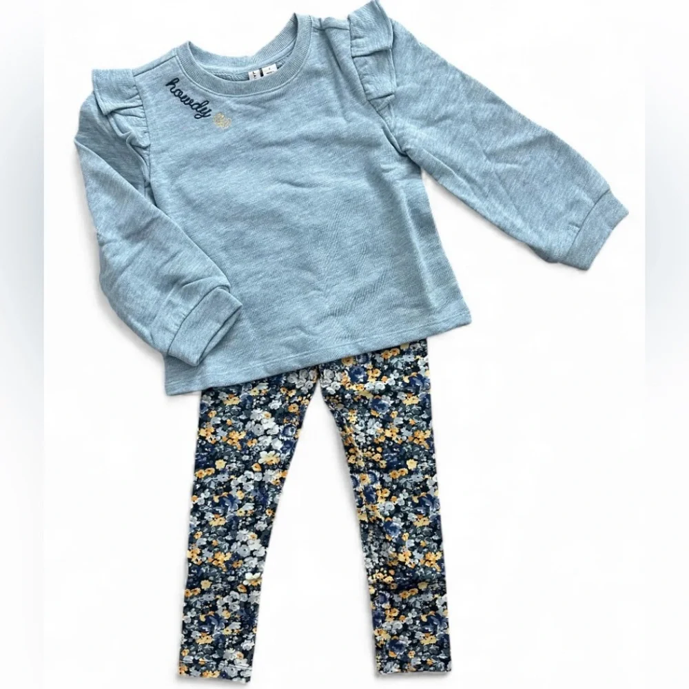 Janie and Jack Blue Ruffle Shoulder Top & Floral Leggings Set Girls Size 4 NWT